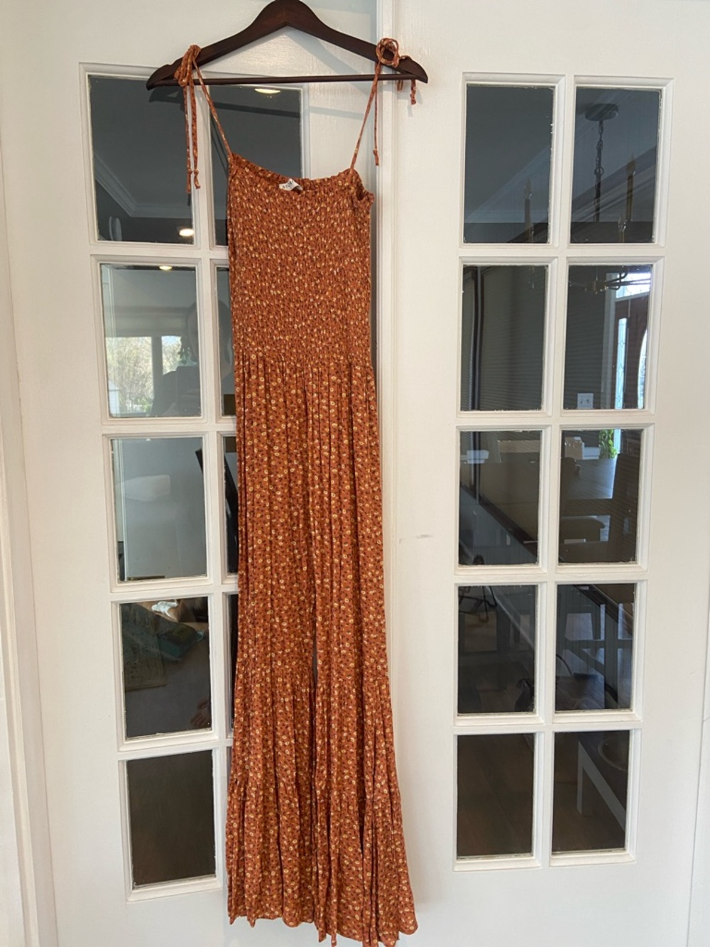 Storia Rust Floral Bell Bottom Leg Jumpsuit with Yellow and White Accents